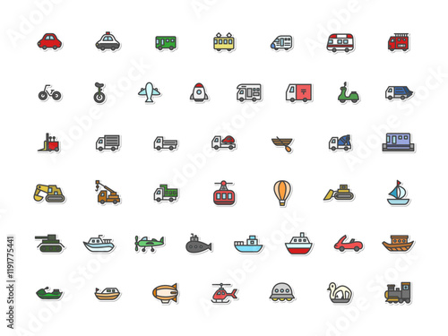 ステッカー風乗り物関連のイラストアイコンセット（背景なし）