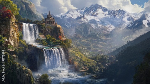 Majestic Waterfall and Mountaintop Temple: A Serene Landscape
