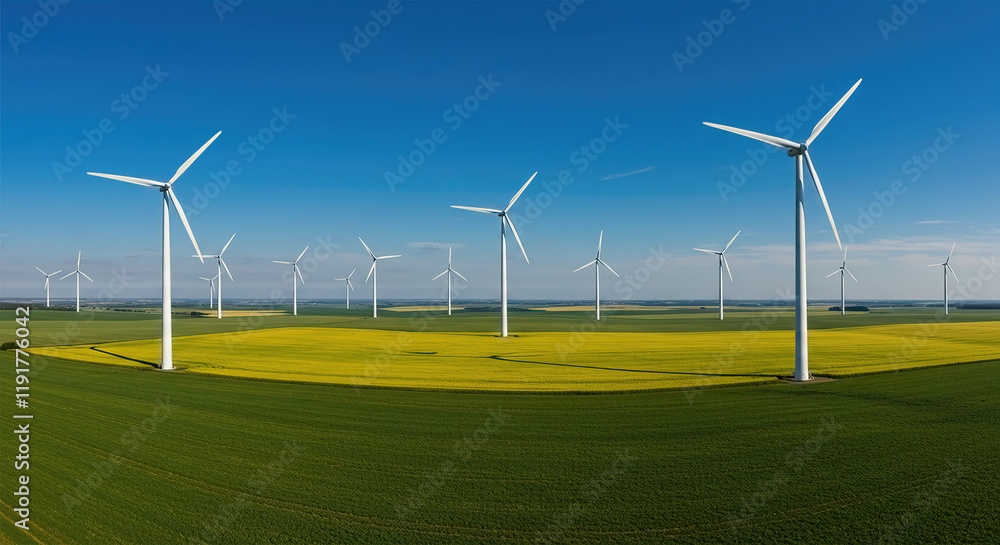 Panorama of wind turbines aligned in a green and yellow field Panorama of wind turbines aligned in a green and yellow field