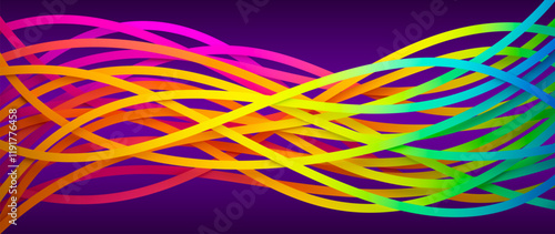Colorful intertwined rainbow ribbons forming creative abstract waves. Overlapping rainbow bright dynamic stripes weaving on purple background for modern digital creative projects. Vector illustration