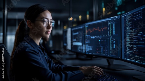 Focused Female Software Engineer Working Late Coding on Multiple Monitors