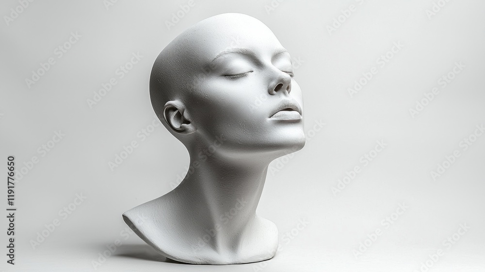 Smooth featureless surfaces of bald silicone mannequin head highlight minimalist design. Set against clean white backdrop head emphasizes sculptural form and elegance. Smooth featureless surfaces of bald silicone mannequin head highlight minimalist design. Set against clean white backdrop head emphasizes sculptural form and elegance.