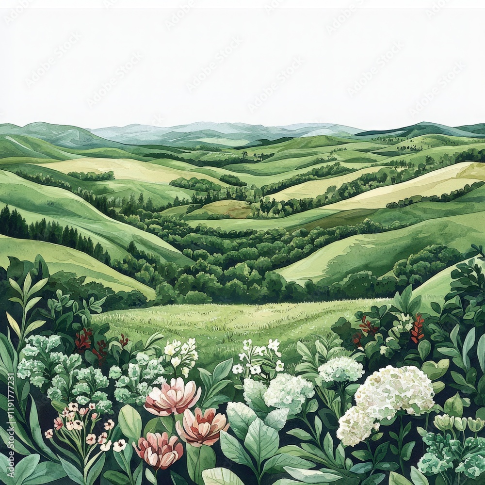 Fototapeta premium Serene Rolling Hills Landscape with Blooming Flowers