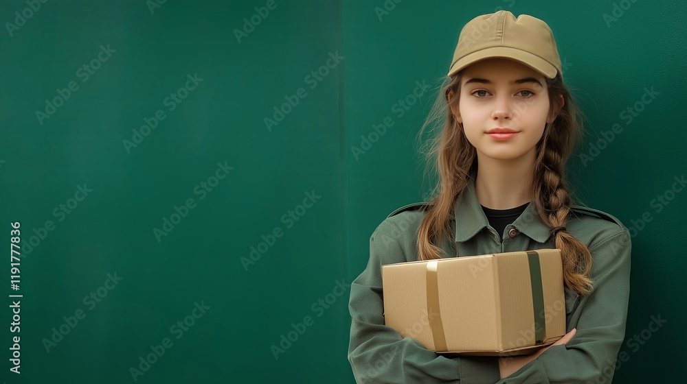 A young girl in a uniform holding parcels on a green background, representing courier services, delivery, and logistics themes. A young girl in a uniform holding parcels on a green background, representing courier services, delivery, and logistics themes.