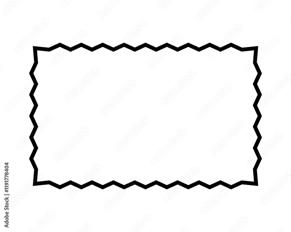 Obraz premium Rectangle frame with zig zag edges. Empty text box, speech bubble, tag or label rectangular shape with jagged borders isolated on white background. Vector graphic illustration.
