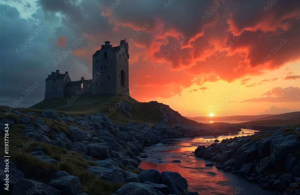 Ruined castle stands on hilltop overlooking river at dramatic sunset. Stormy sky with dramatic colors. Rocks, grass surround ruins. Epic landscape with medieval architecture in ruin. Sense of Ruined castle stands on hilltop overlooking river at dramatic sunset. Stormy sky with dramatic colors. Rocks, grass surround ruins. Epic landscape with medieval architecture in ruin. Sense of