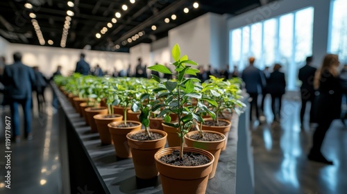 Young plants in terracotta pots modern event space background blurred business people
