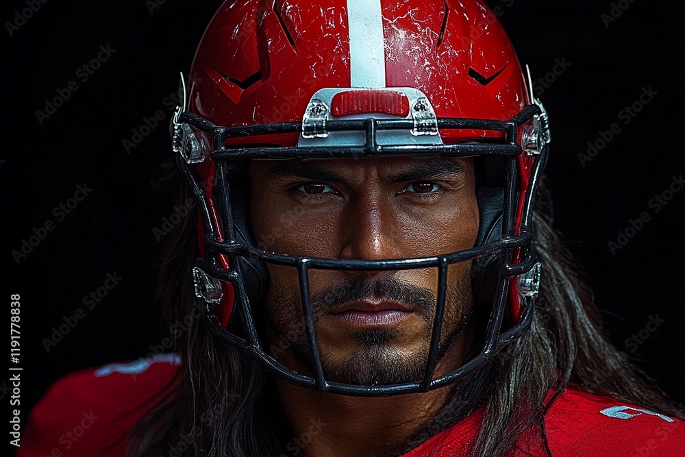 Intense football player in red helmet posing for a dramatic portrait. Generative AI Intense football player in red helmet posing for a dramatic portrait. Generative AI