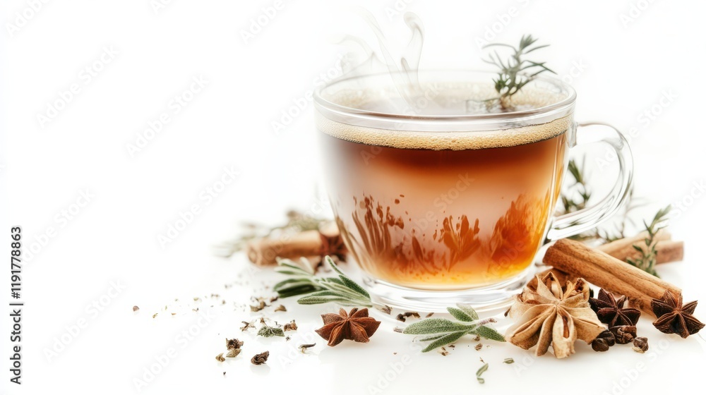 A cup of tea with cinnamon and other spices on a white background A cup of tea with cinnamon and other spices on a white background