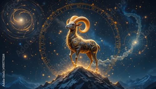 Aries Zodiac Sign: Celestial Ram on Mountain Peak