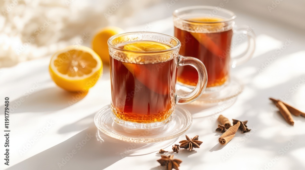 Two cups of tea with lemon slices and cinnamon on a white table Two cups of tea with lemon slices and cinnamon on a white table