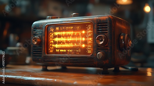 Vintage radio glows, antique shop background, nostalgic audio