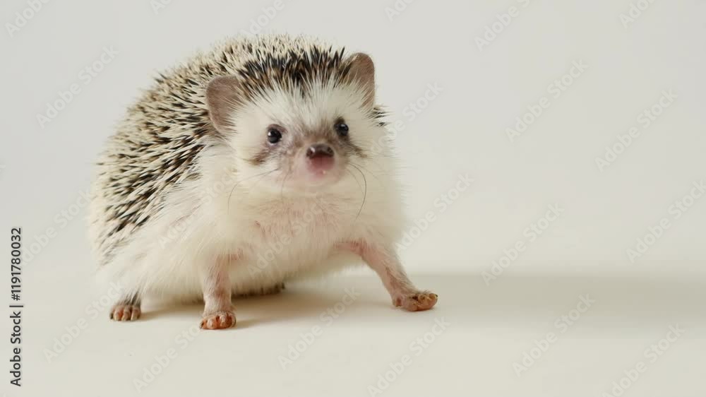 Hedgehog emotions.Funny cute little hedgehog. Growing and keeping hedgehogs at home.African pygmy hedgehog on a beige background. prickly pet. Domestic white-bellied hedgehog. Hedgehog emotions.Funny cute little hedgehog. Growing and keeping hedgehogs at home.African pygmy hedgehog on a beige background. prickly pet. Domestic white-bellied hedgehog.