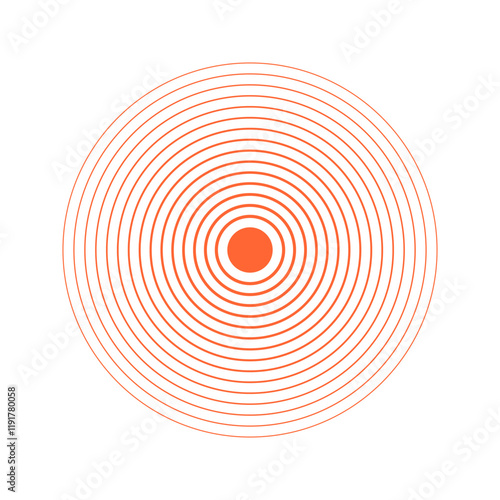 Concentric orange circles. Sunburst, sunrise or sunset icon. Pain or ache localization sign. Shockwave, radiation or vibration symbol. Sound, radar signal or sonar wave pictogram. Vector illustration.