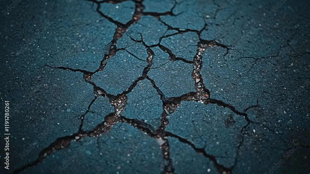 Obraz premium Cracked Surface Texture: A detailed close-up reveals a dark blue surface fractured into a network of deep cracks, creating a dramatic and textured background.