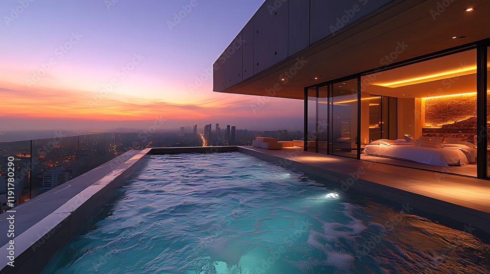Obraz premium Rooftop infinity pool sunset city view luxury penthouse