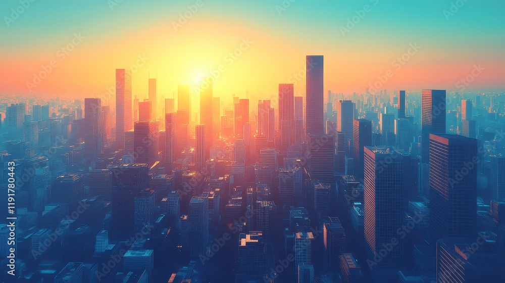 Fototapeta premium Stunning Aerial View of City Skyline at Sunrise Urban Landscape Modern Architecture