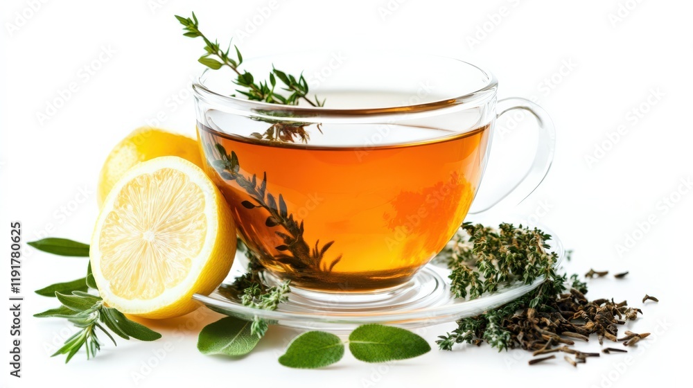 A cup of tea with lemon and herbs on a white background A cup of tea with lemon and herbs on a white background