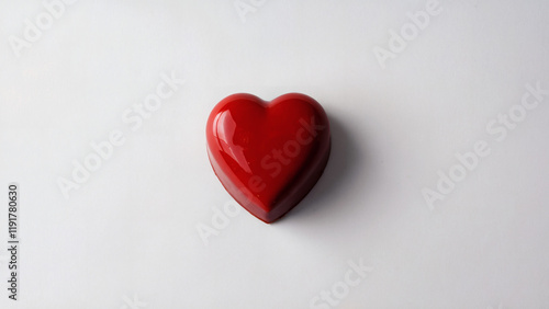 Wallpaper Mural Red Heart-Shaped Chocolate: A simple yet striking photo of a single, perfectly shaped red heart-shaped chocolate captured from a top-down angle on a smooth white background Torontodigital.ca
