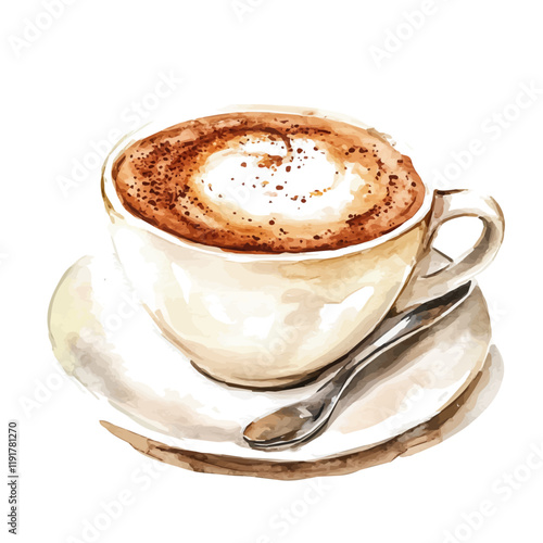 A watercolor vector of a cappuccino, isolated on a white background. Cappuccino vector.
