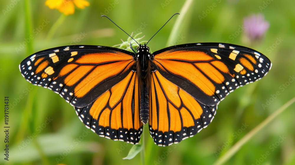 Monarch Butterfly Close-Up: A vibrant monarch butterfly with its iconic orange and black wings, perched delicately on a green stem. Monarch Butterfly Close-Up: A vibrant monarch butterfly with its iconic orange and black wings, perched delicately on a green stem.