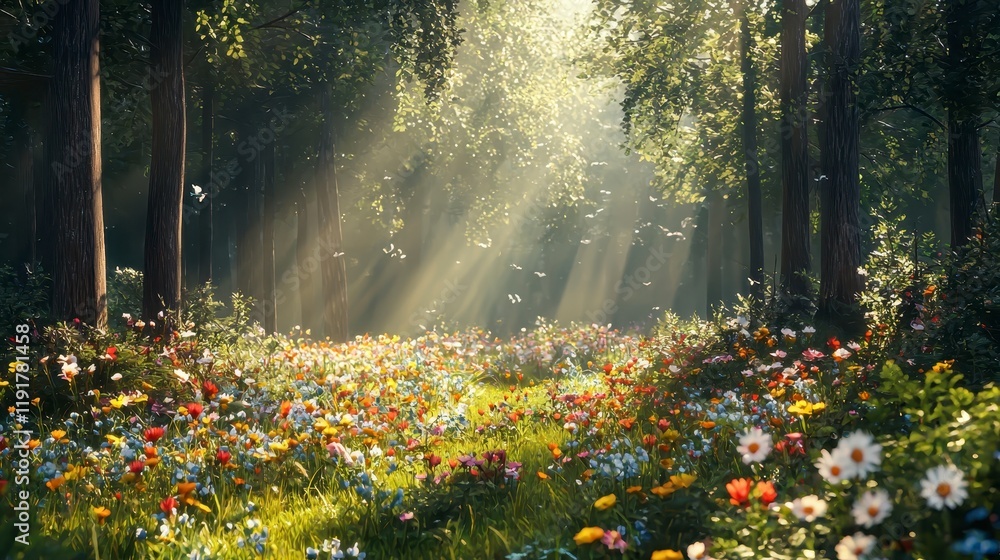 Obraz premium Sunlit Forest Meadow Vibrant Wildflowers Lush Greenery Magical Sunlight Beams