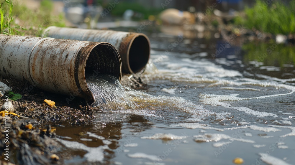 Two pipes are leaking water into a muddy river Two pipes are leaking water into a muddy river