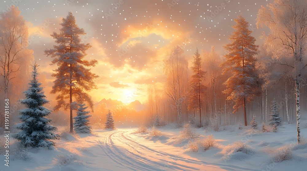 Fototapeta premium Snowy forest road sunset winter landscape, snowfall, calender