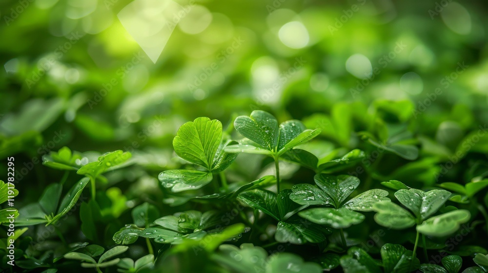 Close-Up of Dewy Green Clover Leaves Captured in Soft Natural Light, Radiating Freshness and Vibrancy amid Lush Foliage, Perfect for Nature Themes and Designs Close-Up of Dewy Green Clover Leaves Captured in Soft Natural Light, Radiating Freshness and Vibrancy amid Lush Foliage, Perfect for Nature Themes and Designs