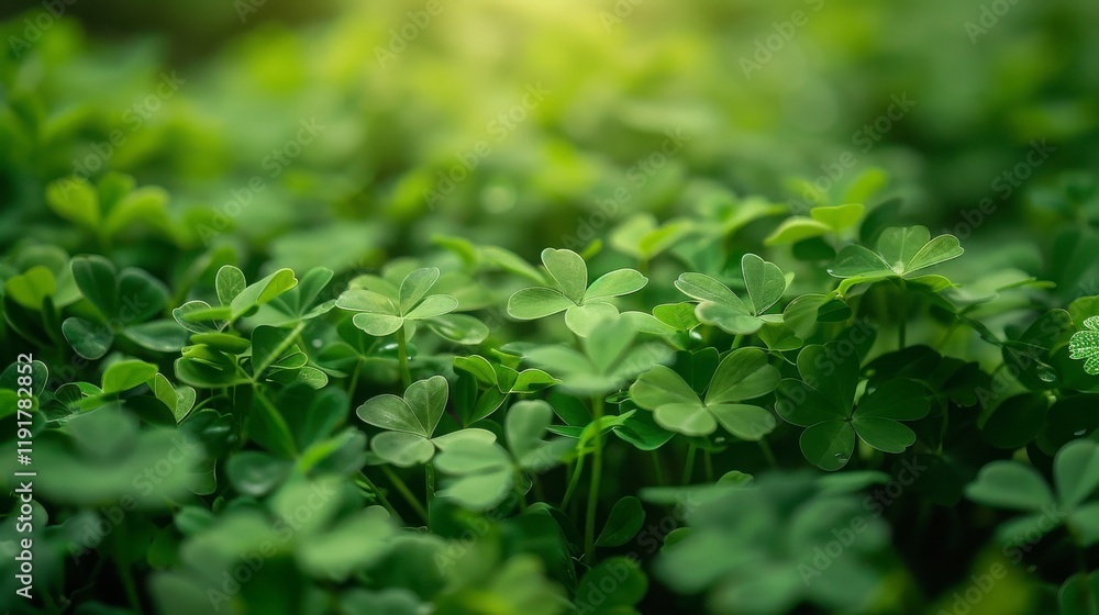 Lush Green Clover Field Bathed in Soft Sunlight with Dewdrops, Perfect for Nature and Freshness Themes in Photography and Art Projects Lush Green Clover Field Bathed in Soft Sunlight with Dewdrops, Perfect for Nature and Freshness Themes in Photography and Art Projects