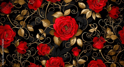 red roses on a black background with gold