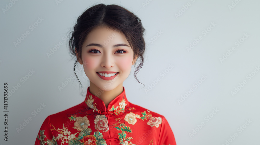 Smiling woman in red traditional dress with floral patterns, showcasing elegance and cultural beauty. Smiling woman in red traditional dress with floral patterns, showcasing elegance and cultural beauty.