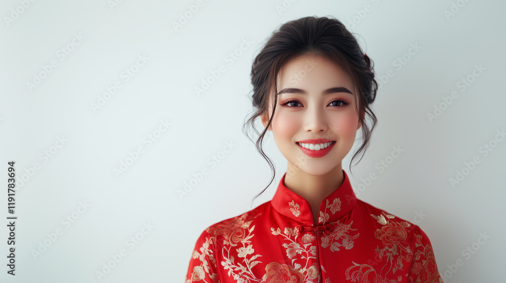 Smiling woman in red traditional dress with floral patterns, showcasing joy and elegance. Smiling woman in red traditional dress with floral patterns, showcasing joy and elegance.