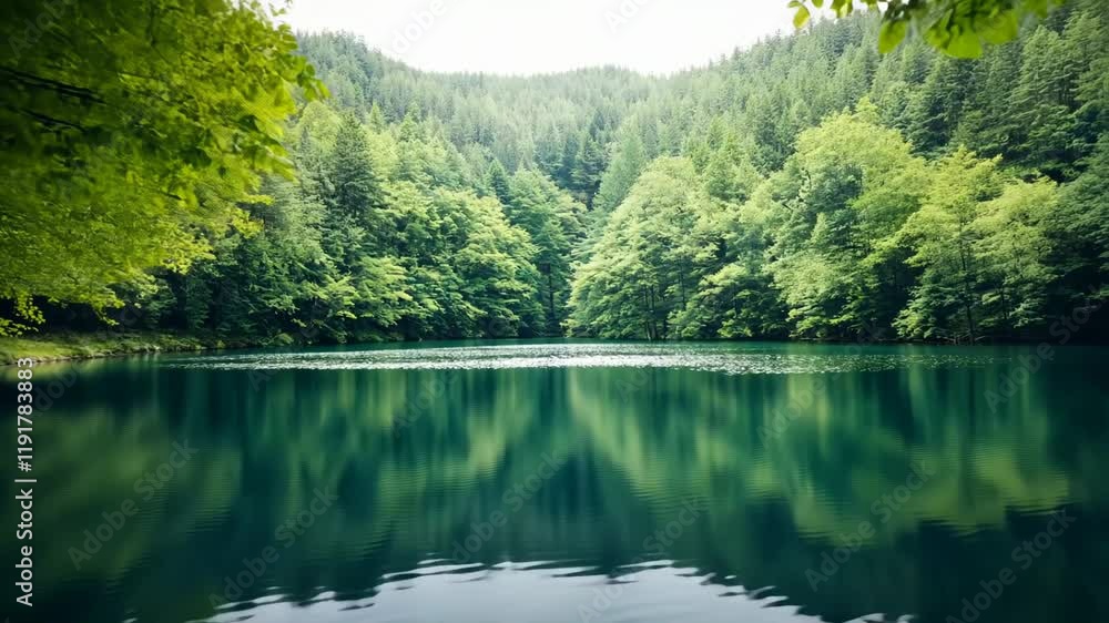 Tranquil forest lake with lush greenery reflecting on the water. Tranquil forest lake with lush greenery reflecting on the water.