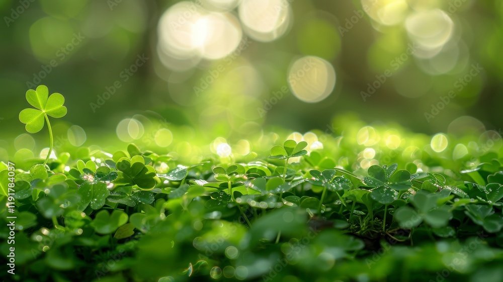 Close-Up View of Lush Green Clover Leaves with Water Drops Sparkling in Soft Natural Light, Capturing the Beauty of Nature's Serenity and Bokeh Background Effects Close-Up View of Lush Green Clover Leaves with Water Drops Sparkling in Soft Natural Light, Capturing the Beauty of Nature's Serenity and Bokeh Background Effects