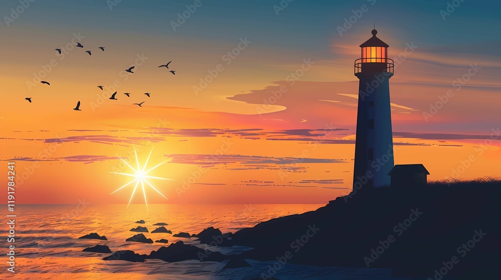 Silhouette of a lighthouse with the sunset on the horizon Silhouette of a lighthouse with the sunset on the horizon