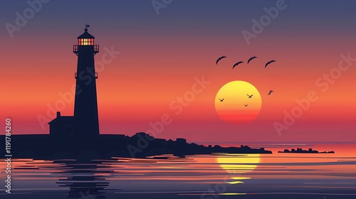 Silhouette of a lighthouse with the sunset on the horizon