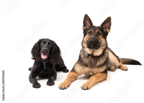 German shepherd and cocker spaniel on a white background