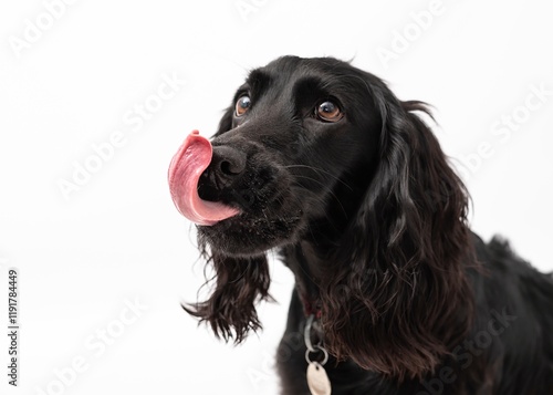 A black cocker spaniel licking his lips isolated on a white background
