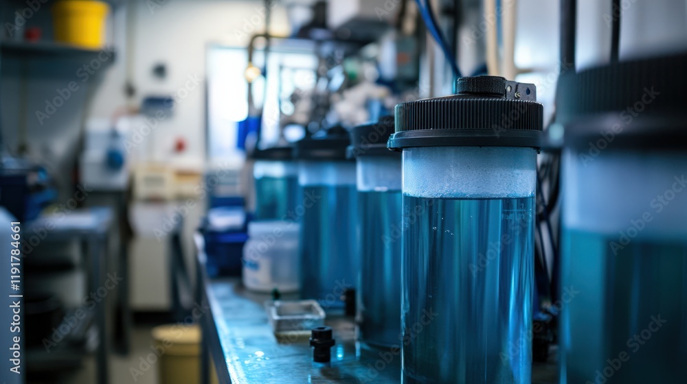 A row of blue containers with a clear liquid inside A row of blue containers with a clear liquid inside