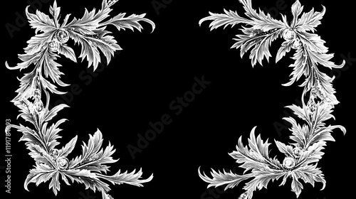 Frostwork. decorative frostwork ice crystals frame on black background. can be used as window frost overlay in design, color sketch. isolated with white highlights. Frostwood. Illustration photo