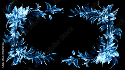 Frostwork. decorative frostwork ice crystals frame on black background. can be used as window frost overlay in design, colorful. isolated with white highlights. Frostwood. Illustration photo