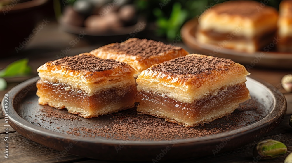 A plate of perfectly layered pastries sprinkled with cocoa powder, showcasing rich textures and flavors, perfect for culinary themes. A plate of perfectly layered pastries sprinkled with cocoa powder, showcasing rich textures and flavors, perfect for culinary themes.
