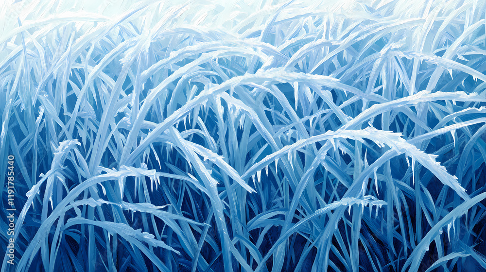 Frosty morning grass in extreme closeup, ice crystals on thin blades, blending blues and whites in intricate texture. Frostwood. Illustration Frosty morning grass in extreme closeup, ice crystals on thin blades, blending blues and whites in intricate texture. Frostwood. Illustration