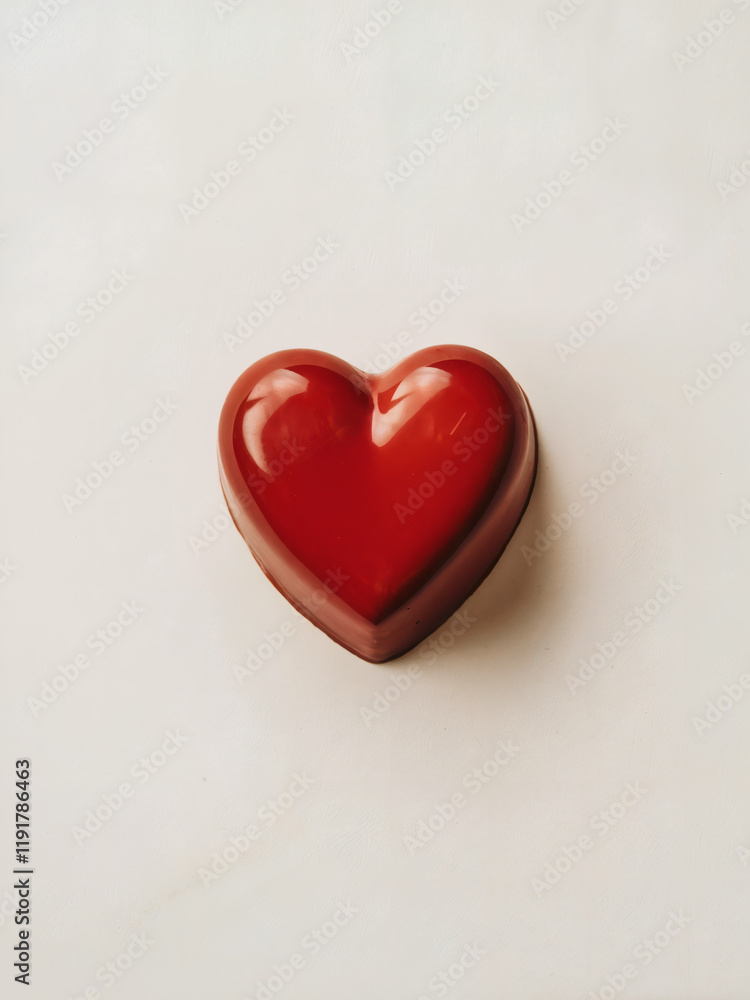 Red Heart-Shaped Chocolate: A single, perfectly shaped red heart-shaped chocolate captured from a top-down angle on a smooth white background Red Heart-Shaped Chocolate: A single, perfectly shaped red heart-shaped chocolate captured from a top-down angle on a smooth white background