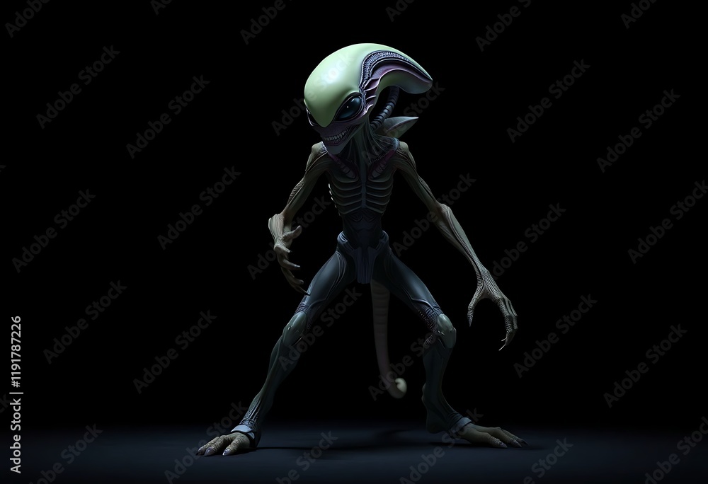 Naklejka premium Alien Creature 3D Render Dark Background Green Skin