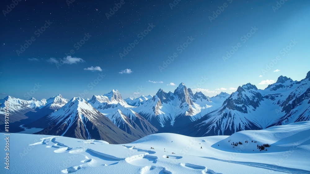 Snow-capped mountains stretch across a vibrant deep-blue sky, blanketed by pristine, powdery snow that sparkles under the sunlight. Snow-capped mountains stretch across a vibrant deep-blue sky, blanketed by pristine, powdery snow that sparkles under the sunlight.
