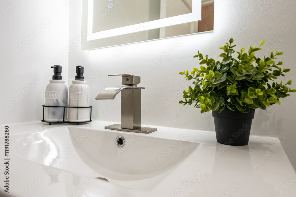 Fototapeta premium Modern bathroom sink with sleek faucet, marble soap dispensers, and a small potted plant. Clean and minimalist design.