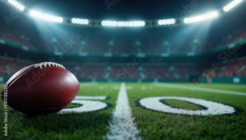 Football rests on 50-yard line of stadium. Dramatic stadium lights illuminate field. Scene portrays quiet moment before intense showdown. Tension hangs in air before big event. Photo perfect for photo