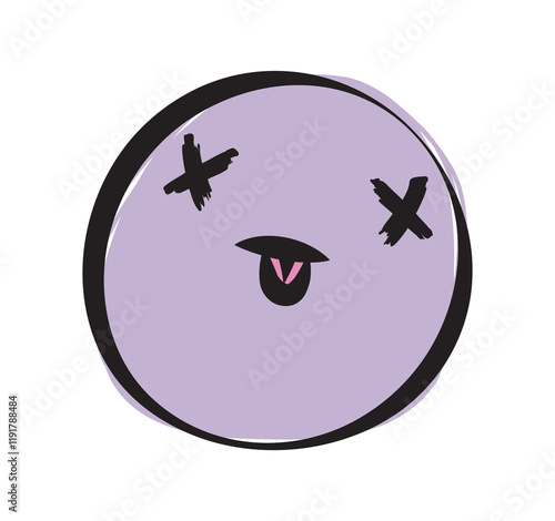 Purple cartoon face with crossed-out eyes and protruding tongue, drawn in a playful sketch style on a white background. Concept of fun and humor. Vector illustration